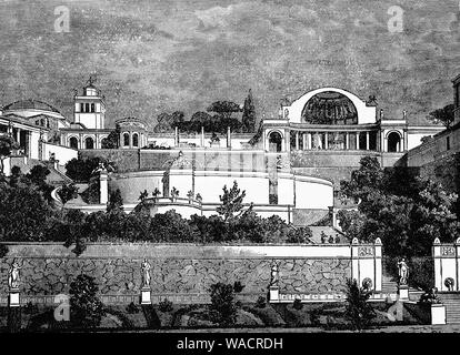Les magnifiques terrasses de la Villa d'Hadrien, construit à Tibur, dans le Latium, en Italie centrale, comme une retraite de Rome pour l'Empereur pendant les deuxième et troisième décennies du 2e siècle AD. Il était traditionnel que l'empereur romain avait construit une villa comme un endroit pour se détendre de la vie quotidienne. Au cours des dernières années de son règne, l'empire d'Hadrien régis en fait de la villa quand il a commencé à l'aide de la villa comme sa résidence officielle autour de l'ANNONCE 128, lorsqu'un grand cour y vivaient de façon permanente. Banque D'Images