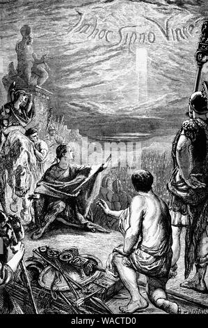 Maxence était empereur romain de 306 à 312 et préoccupés par la guerre civile contre Constantine. Lors de la bataille de la pont Milvius en 312, Maxence, avec son armée en vol, prétendument péri par noyade dans le Tibre. Avant la bataille, Constantin le Grand (272 - 337 AD), également connu sous le nom de Constantine J'étais en tête des prières avec son armée lorsqu'une croix apparaît dans le skyshining intensément et avec l'inscription In Hoc Signo Vinces ou ''par ce signe, vous allez conquérir''. Après sa victoire Constantine a fait une entrée triomphale à Rome, et accordé les chrétiens la tolérance religieuse. Banque D'Images
