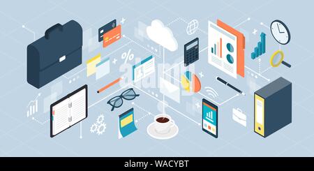 Commerce, gestion et services financiers : l'équipement de bureau travail isométrique et concepts reliant Illustration de Vecteur