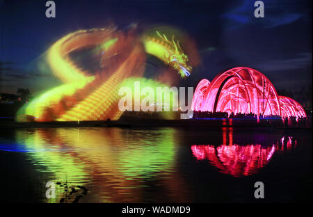 Spectacle de lumière holographique à la Nanyang World Grand jardin rose montre des images naturelles, c.-à-d, dragons chinois, Fireworks, beauté, Phoenix et le comme Banque D'Images