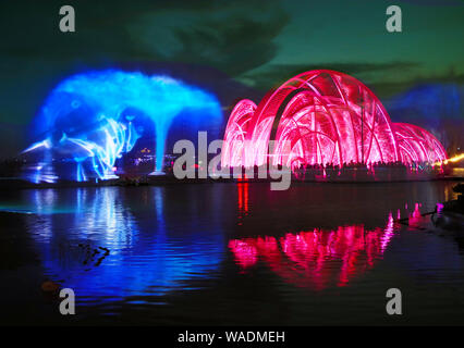 Spectacle de lumière holographique à la Nanyang World Grand jardin rose montre des images naturelles, c.-à-d, dragons chinois, Fireworks, beauté, Phoenix et le comme Banque D'Images