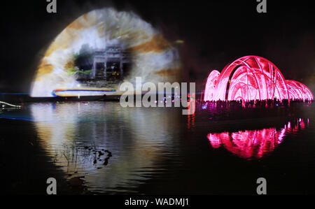 Spectacle de lumière holographique à la Nanyang World Grand jardin rose montre des images naturelles, c.-à-d, dragons chinois, Fireworks, beauté, Phoenix et le comme Banque D'Images