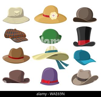 Chapeaux et headwears. Images Chapeau isolé sur fond blanc, coiffures illustrations vectorielles pour l'homme et la femme, les coiffes pour mesdames et messieurs Illustration de Vecteur