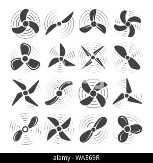 Les hélices d'avion. Hélice avion icônes, cercle de rotation du ventilateur du vent droit prop, vector vieil avion hélice set isolé sur fond blanc Illustration de Vecteur
