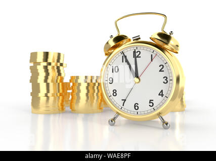 Réveil d'or et des piles de pièces d'or. Arrière-plan blanc. Le temps est argent concept. Le rendu 3D Banque D'Images