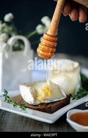 Fromage de lait de chèvre français traditionnel Saint-Maure-de-Touraine sur un morceau de pain de ferme délicate avec du miel. Fédération de produits agricoles. Close up. F sélective Banque D'Images