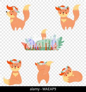 Cute fox set isolé sur fond transparent. Kawaii Funny baby renards en couronne de fleurs en différentes poses bundle design elements Cartoon télévision vecto Illustration de Vecteur