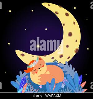 Cute fox dormir sur le champ sous lune ciel étoilé. Bonne nuit sweet ginger dans animal flower wreath se recroqueviller sur l'herbe, bébé design card vector Cartoon télévision Illustration de Vecteur