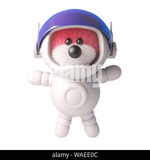 Ours en peluche 3d avec fourrure rose mignon portant un scaphandre d'astronaute, illustration 3D render Banque D'Images