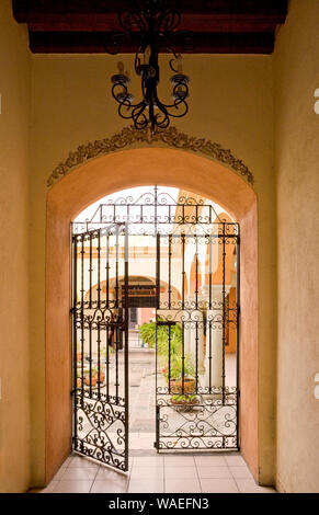 Avis sur la porte en fer forgé à beau jardin de la cour, la Ville d'Oaxaca, Oaxaca, Mexique l'architecture coloniale espagnole Banque D'Images