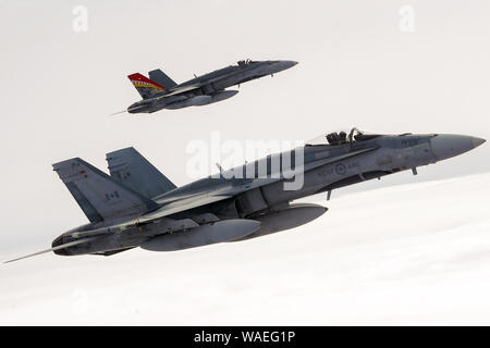 Royal Canadian Air Force deux CF-18 Hornet tirez vers le haut pour un ravitailleur CC-150 Polaris comme aviateurs de l'assigné à la 437e Escadron de transport de la Base des Forces canadiennes Trenton, Canada, effectuer les opérations de ravitaillement dans la formation de l'espace aérien de l'Alaska au cours de l'exercice Red Flag Alaska 19-3, 15 août 2019. Red Flag Alaska, une série de Pacific Air Forces commandant réalisé des exercices pour les forces américaines, contre-offensive conjointe fournit de l'air, l'interdiction, l'appui aérien rapproché, et grande vigueur la formation à l'emploi dans un environnement de combat simulé. (U.S. Air Force photo/Justin Connah Banque D'Images