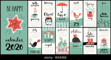 Style moderne hand drawn cartoon vector 2020 calendrier avec symboles mensuel Illustration de Vecteur