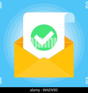 Enveloppe ouverte avec feuille de papier document page case cocher OK Illustration de Vecteur