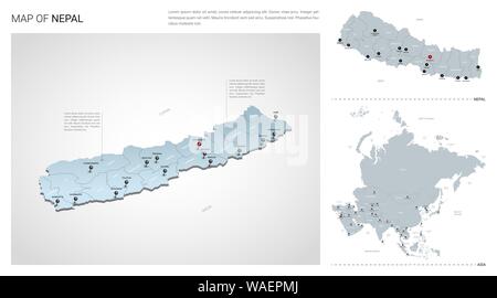 Vector set de Népal pays. Carte en 3D isométrique, Népal, Asie carte carte - avec la région, l'Etat et les noms les noms de ville. Illustration de Vecteur