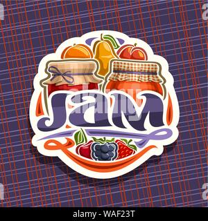 Logo Vector pour la confiture de fruits, coupe du papier signe avec 2 pots en verre fait maison recouvert de tissu à carreaux et attaché, bow cartoon frais fruits et de baies, letterin Illustration de Vecteur