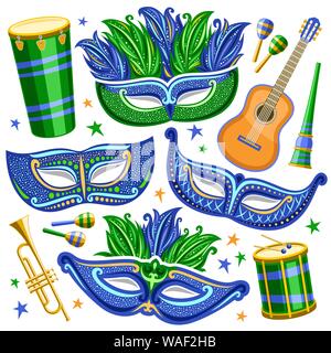 Vector set pour le Brésil Carnaval, découper des illustrations d'objets pour le carnaval à Rio de Janeiro, le tambour avec les baguettes, les masques de Venise élégante, la musique t Illustration de Vecteur