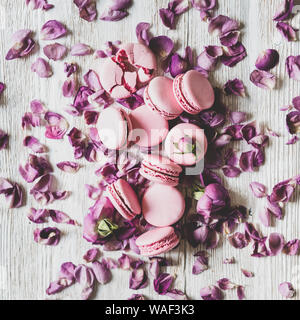 Sweet macaron cookies et boutons de rose et pétales, récolte carrés Banque D'Images