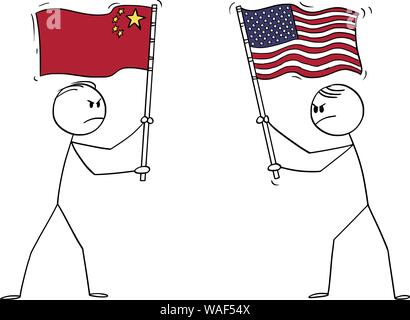 Vector cartoon stick figure dessin illustration conceptuelle de deux hommes en colère, hommes politiques ou hommes d'holding flags d'USA ou aux États-Unis et en Chine. Concept de la guerre et des conflits. Illustration de Vecteur