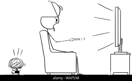 Vector cartoon stick figure dessin illustration conceptuelle de Brainless homme assis dans la chaise et regarder des spectacles en mat plat ou de la télévision, son cerveau est en le laissant. Illustration de Vecteur