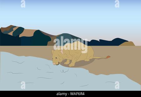 Vector illustration d'une femme lionne à points d'eau que les boissons dans la nature, vector Illustration de Vecteur