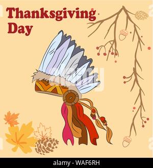 Vector illustration linéaire couleur of Native American hat et texte manuscrit joyeux Thanksgiving Day. Croquis dessinés à la main, avec coiffe amérindienne Illustration de Vecteur