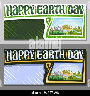 Bannières vecteur pour la Journée de la Terre avec copie espace, coupon avec illustration de 3 collines avec Terre des montagnes, oasis, avec lac, rivière et forêt avec soleil sur b Illustration de Vecteur