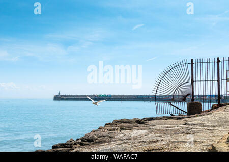 Vue lointaine du mur du port de Folkestone par la Manche en été, Angleterre Banque D'Images