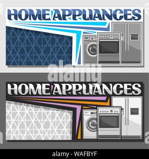 Les modèles vectoriels pour l'électroménager avec copie espace, la signalisation avec lave-linge, cuisinière électrique, grand frigo avec écran, lettrage original pour wo Illustration de Vecteur