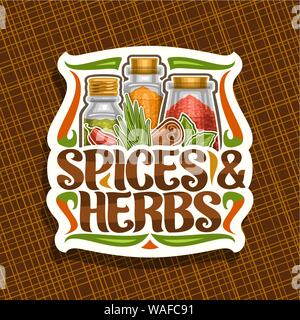 Logo Vector pour les épices et herbes, couper le papier décoratif signe avec illustration de mettre à sec les indiens dans les assaisonnements, les boîtes en verre avec affichage dynamique et prospère Illustration de Vecteur