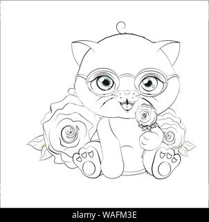 Livre de coloriage, le petit chat, un chaton, un chat dans les verres, donne une rose rouge Illustration de Vecteur