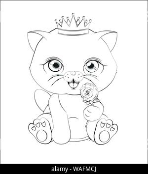 Livre de coloriage, le petit prince a un chat, un chaton, dans une couronne, donne une rose rouge Illustration de Vecteur