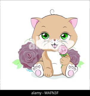 Le petit chat, un chaton, donne une rose rouge Illustration de Vecteur