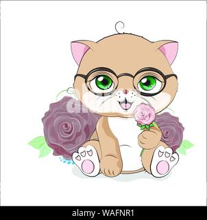 Le petit chat, un chaton, un chat dans les verres, donne une rose rouge Illustration de Vecteur