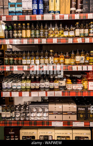 Bouteilles de whisky écossais et gin affiche sur des étagères Banque D'Images