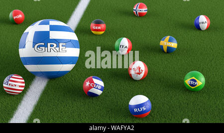 Grand Ballon de soccer en Grèce couleurs nationales entouré de petits ballons de soccer dans d'autres couleurs nationales. Le Rendu 3D Banque D'Images