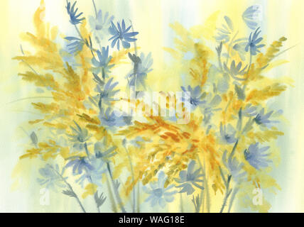 Damier fleuri jaune et bleu fond d'aquarelle. Carte d'anniversaire Banque D'Images