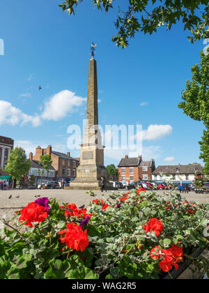 Obélisque dans le marché avec des fleurs d'été à l'avant-plan à Ripon North Yorkshire Angleterre Banque D'Images