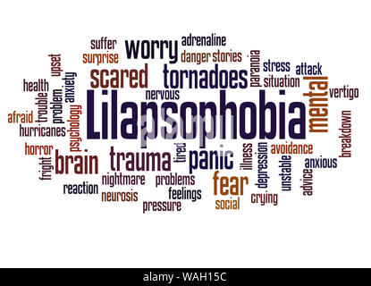 Lilapsophobia la peur des tornades et ouragans mot concept cloud sur fond blanc. Banque D'Images