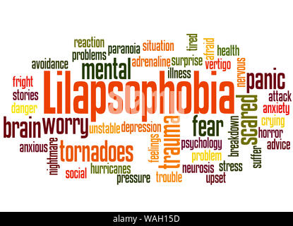 Lilapsophobia la peur des tornades et ouragans mot concept cloud sur fond blanc. Banque D'Images