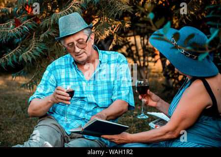 Senior couple drinking wine et j'ai un grand moment lors de la lecture de livre ensemble sur un pique-nique dans le parc Banque D'Images