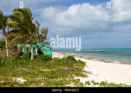 Plage pittoresque dans la région de Blue Hills à Providenciales, Turks et Caïques avec une cabane abandonnée. Banque D'Images