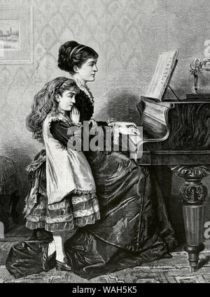 "Au Piano". Gravure d'après une peinture de George Goodwin Kilburne (1839-1924). La Ilustracion Española y Americana, le 15 mai 1876. Banque D'Images