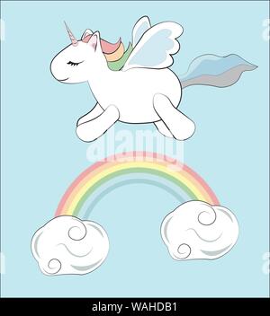 L'unicorn survole un arc-en-ciel dans le ciel. Peut être utilisé pour t-shirt print, Kids wear fashion design, carte d'invitation de douche de bébé. Illustration de Vecteur