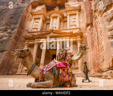Petra, Jordanie, 04 avril 2019. Vue spectaculaire de deux beaux chameaux devant Al Khazneh (le Trésor), tandis que un Bédouin est marchant derrière eux. Banque D'Images