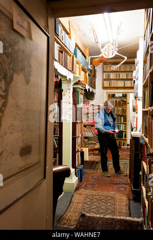 Livres de seconde main et de tapis anciens à l'intérieur de la librairie dans la région de la ville du livre de Wigtown, Dumfries et Galloway, Écosse Banque D'Images