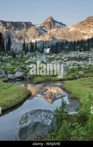 Montagnes reflétées dans les prairies subalpines, ruisseau de Marriott Bassin, Chaîne côtière, en Colombie-Britannique Banque D'Images