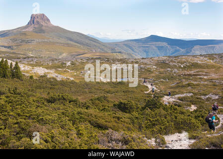 L'Australie, la Tasmanie. Cradle Mountain-Lake St Clair National Park. Randonneurs sur le sentier vers Barn Bluff. Tarn Alpine le long de la promenade. (MR) Banque D'Images