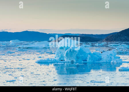 Le Groenland. Eqip Sermia. Icebergs et brash. Banque D'Images