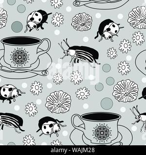 Les coccinelles,bugs et tasses avec cuillères-Garden Tea Party un schéma de répétition. Monochromatique, surface graphique design Modèle de répétition. mignon drôle de répétition en gris, noir et blanc. Illustration de Vecteur