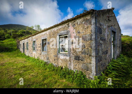 Le Portugal, Açores, île de Faial, Norte Pequeno. Ruines de l'immeuble endommagé par l'éruption volcanique du volcan Capelinhos Banque D'Images